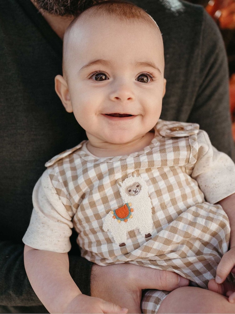 Purebaby Natural Llama Gingham Romper - Image 1 of 5 Purebaby Natural Llama Gingham Romper - Image 1 of 5