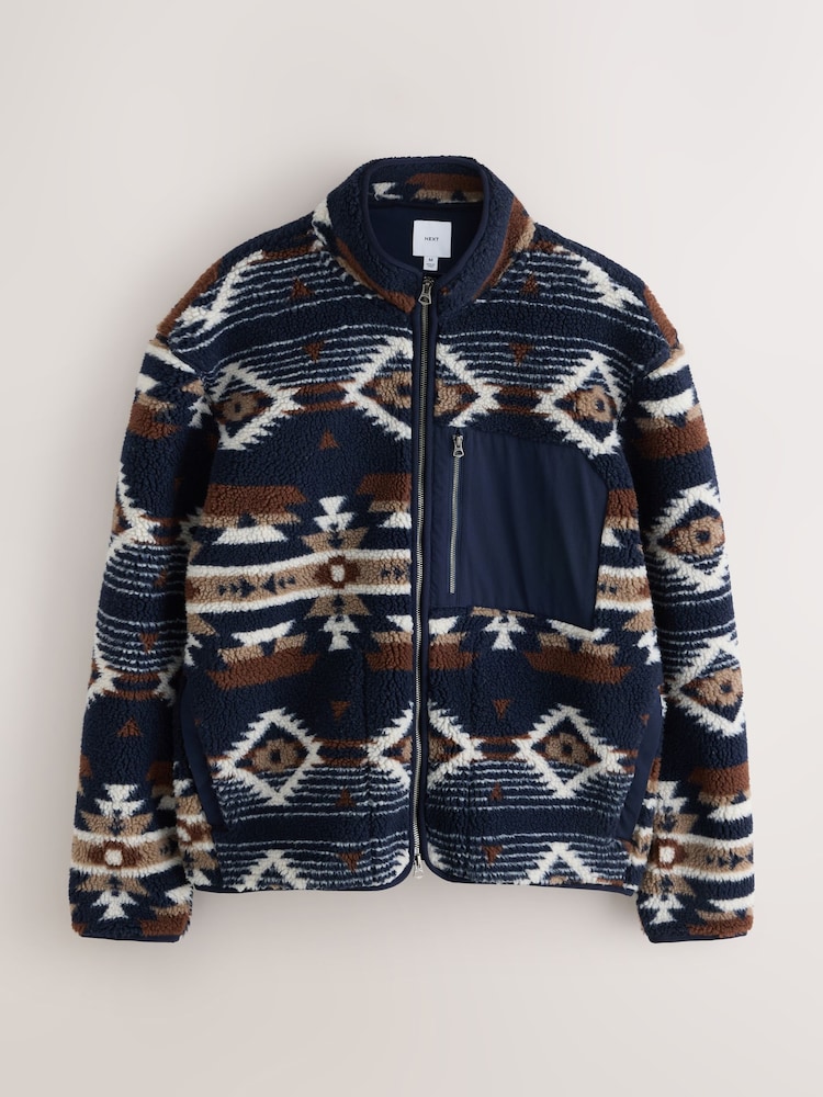 Navy Blue/Brown Geometic Print - Printed Borg Quarter Zip Fleece - Bild 1 von 6