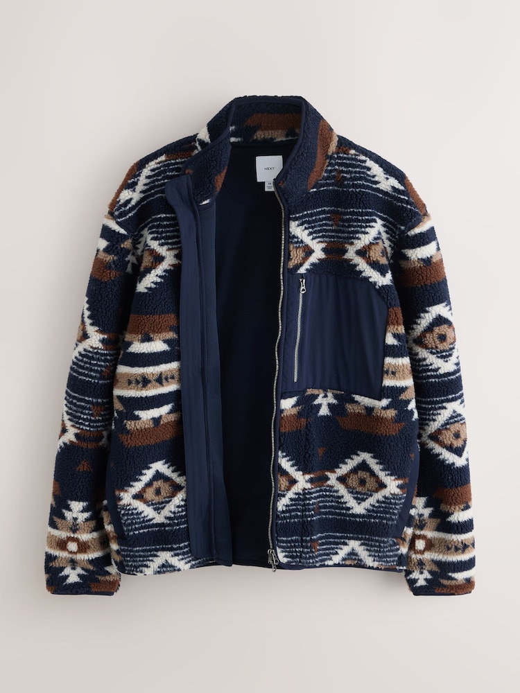 Navy Blue/Brown Geometic Print - Printed Borg Quarter Zip Fleece - Bild 2 von 6