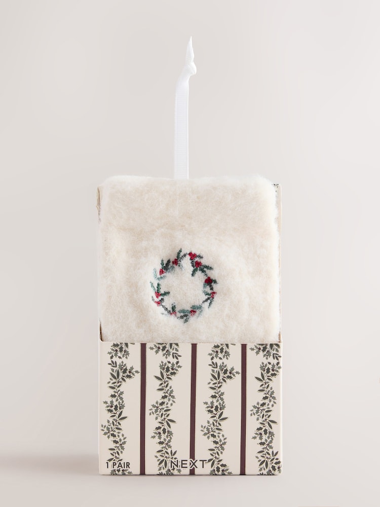 Cream Embroidered Wreath Cosy Socks In A Gift Box - Image 1 of 6