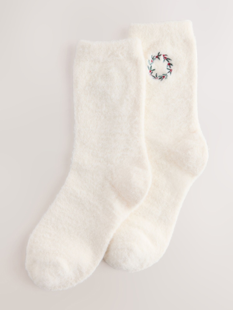Cream Embroidered Wreath Cosy Socks In A Gift Box - Image 2 of 6