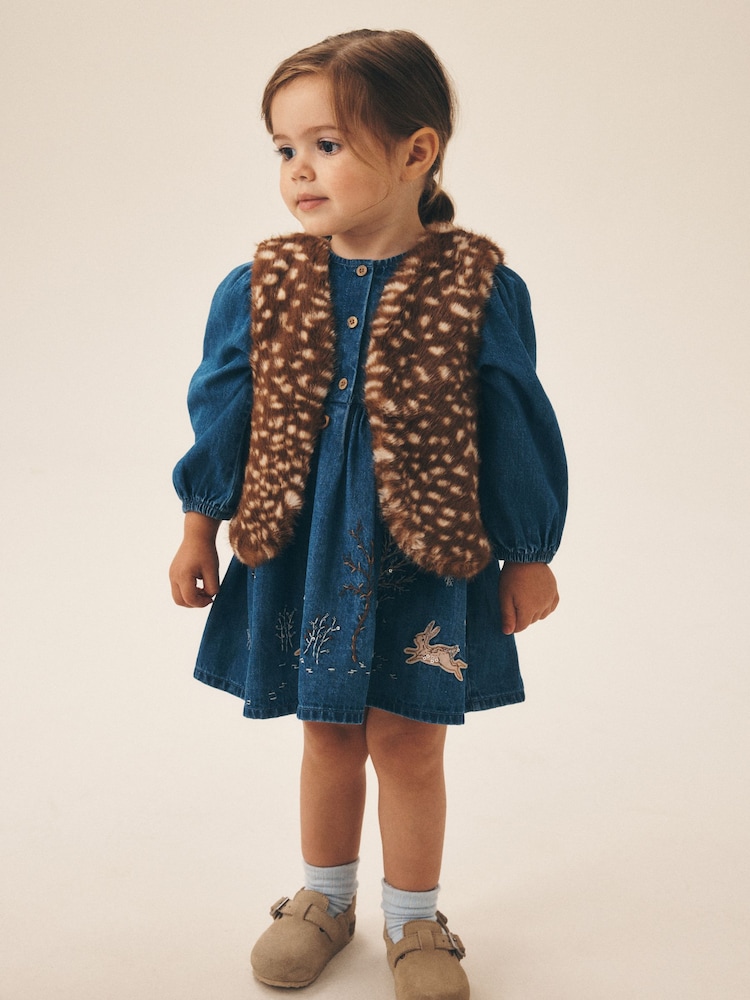Blue Faux Fur Gillet and Denim Embroidered Dress (12mths-8yrs) - Image 2 of 4 Blue Faux Fur Gillet and Denim Embroidered Dress (12mths-8yrs) - Image 2 of 4