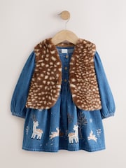 Blue Faux Fur Gillet and Denim Embroidered Dress (12mths-8yrs) - Image 5 of 9