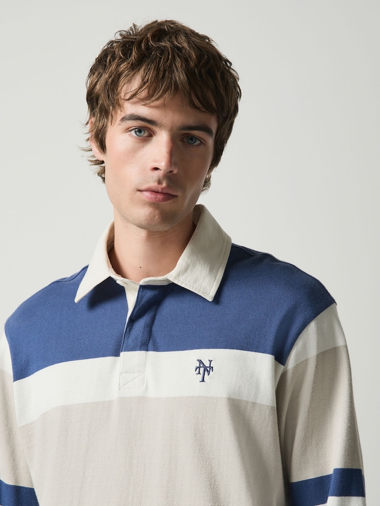 Blue/Neutral Marl Horizontal Block Rugby Shirt - Image 5 of 5