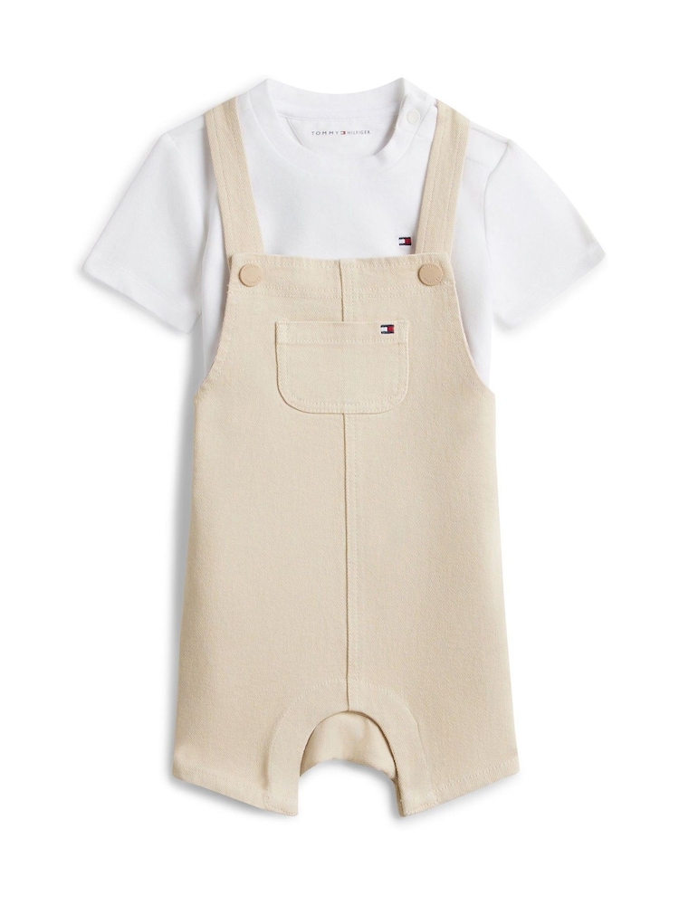 Tommy Hilfiger Brown Essential Dungaree Shorts And T-Shirt Gift Box - Image 1 of 3