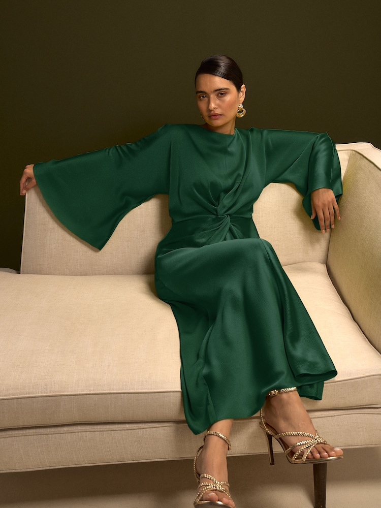 Dark Green Twist Front Long Sleeve Satin Maxi Dress - Image 1 of 4