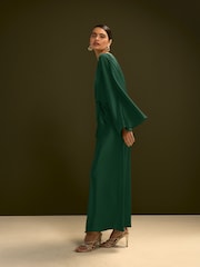 Dark Green Twist Front Long Sleeve Satin Maxi Dress - Image 2 of 4