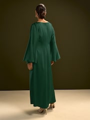 Dark Green Twist Front Long Sleeve Satin Maxi Dress - Image 3 of 4