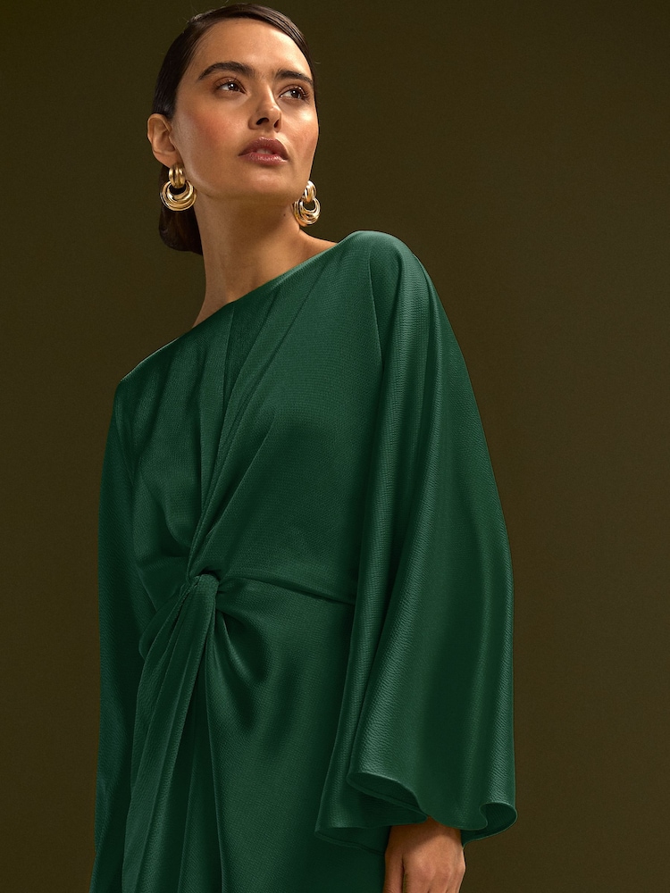 Dark Green Twist Front Long Sleeve Satin Maxi Dress - Image 4 of 4