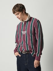 Burgundy/Green Vertical Stripe Cotton Rugby Shirt - Image 1 of 8