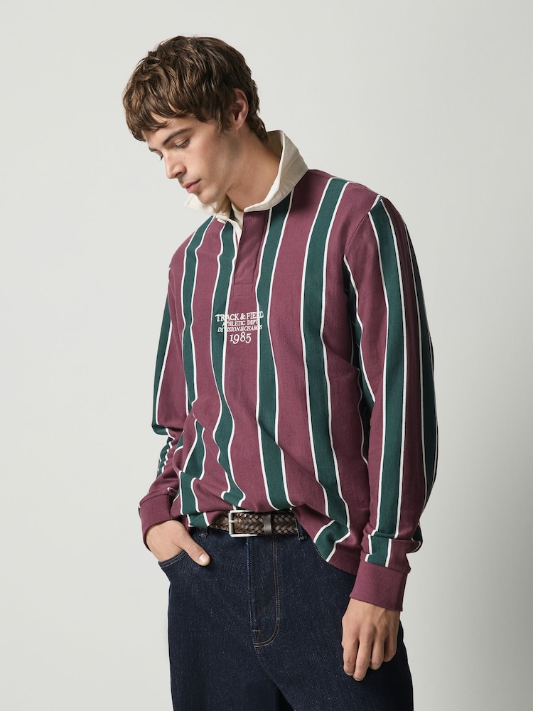 Burgundy/Green Vertical Stripe Cotton Rugby Shirt - Image 1 of 8