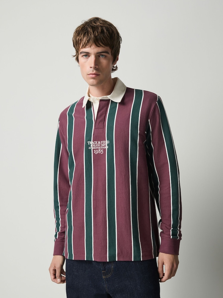 Burgundy/Green Vertical Stripe Cotton Rugby Shirt - Image 2 of 8