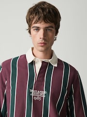 Burgundy/Green Vertical Stripe Cotton Rugby Shirt - Image 5 of 8