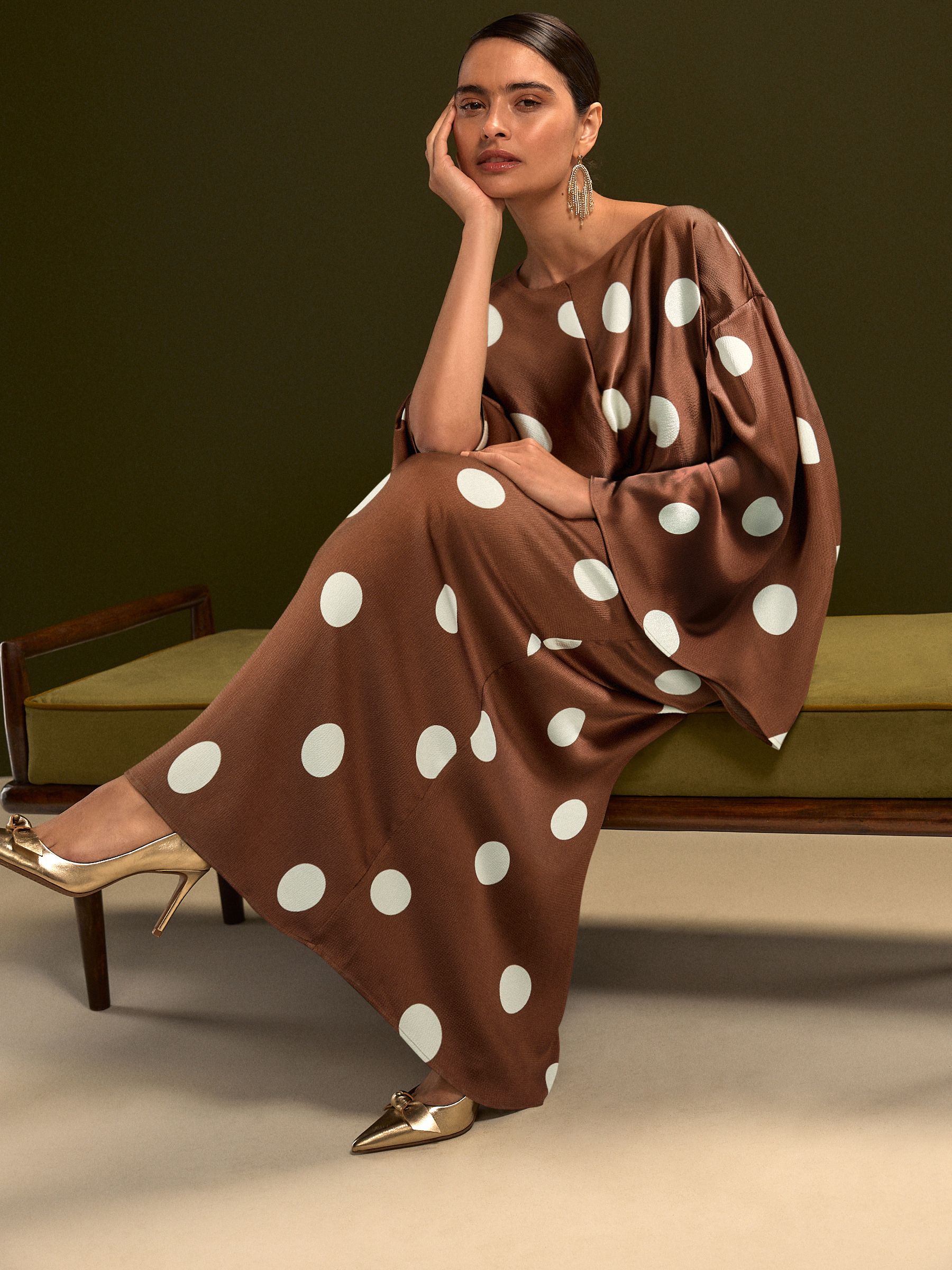 Buy Chocolate Brown Spot Twist Front Long Sleeve Satin Maxi Dress