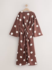 Chocolate Brown Spot Twist Front Long Sleeve Satin Maxi Dress - Image 5 of 8