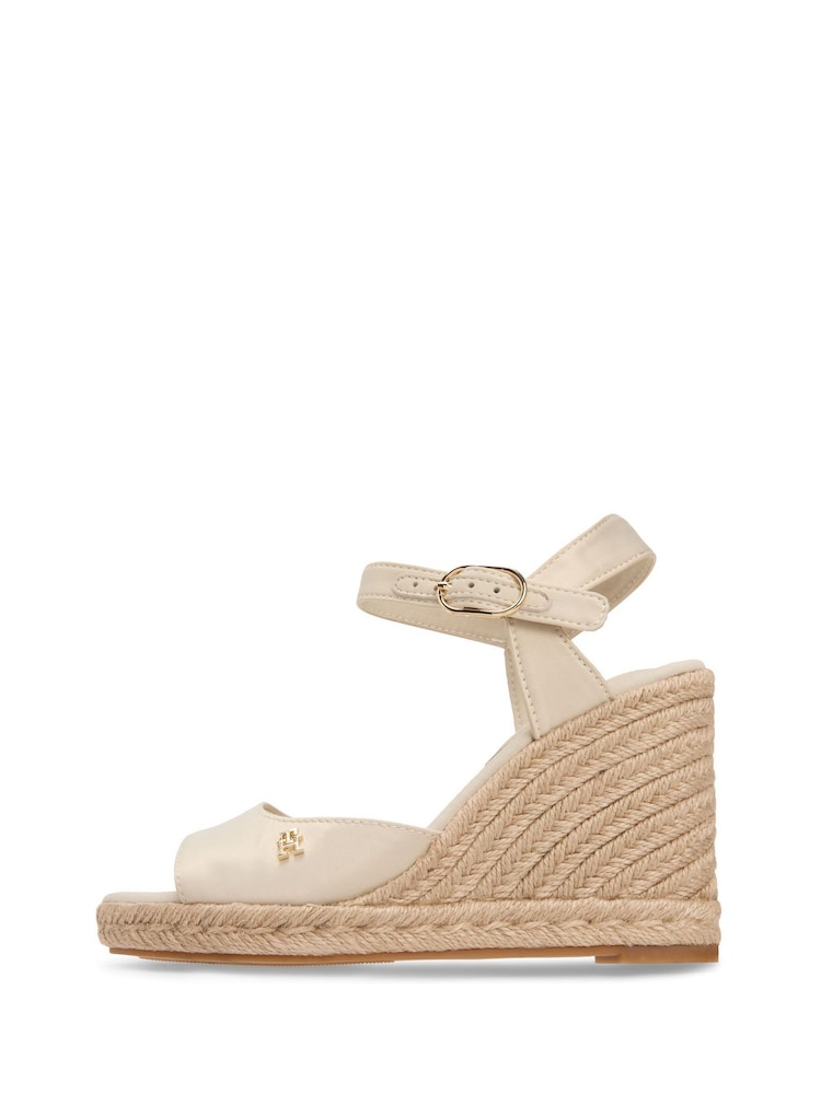 Tommy Hilfiger Cream Satin Monogram Wedge Espadrilles - Image 2 of 6 Tommy Hilfiger Cream Satin Monogram Wedge Espadrilles - Image 2 of 6