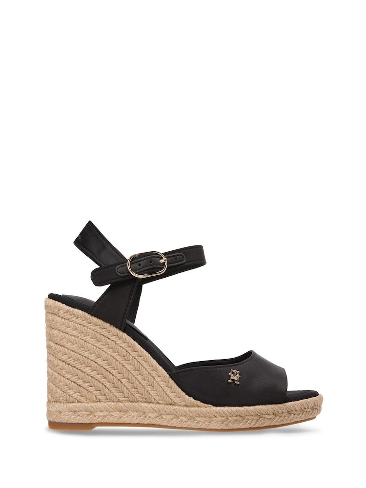 Tommy Hilfiger Black Satin Monogram Wedge Espadrilles - Image 1 of 6 Tommy Hilfiger Black Satin Monogram Wedge Espadrilles - Image 1 of 6