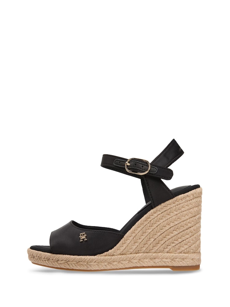 Tommy Hilfiger Black Satin Monogram Wedge Espadrilles - Image 2 of 6 Tommy Hilfiger Black Satin Monogram Wedge Espadrilles - Image 2 of 6