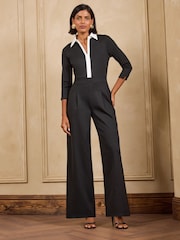 Love & Roses Black/White Petite Tailored Contrast Ponte 3/4 Sleeve Jumpsuit - Image 1 of 4