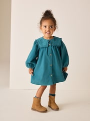 Teal Blue Collar Detail Long Sleeve Cord Dress (3mths-8yrs) - Image 1 of 8