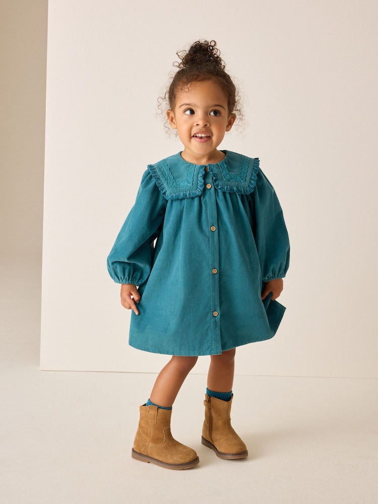 Teal Blue Collar Detail Long Sleeve Cord Dress (3mths-8yrs) - Image 1 of 8 Teal Blue Collar Detail Long Sleeve Cord Dress (3mths-8yrs) - Image 1 of 8
