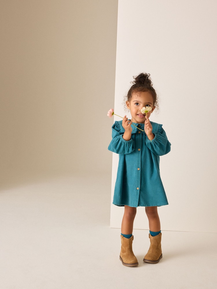 Teal Blue Collar Detail Long Sleeve Cord Dress (3mths-8yrs) - Image 2 of 8 Teal Blue Collar Detail Long Sleeve Cord Dress (3mths-8yrs) - Image 2 of 8