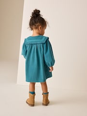 Teal Blue Collar Detail Long Sleeve Cord Dress (3mths-8yrs) - Image 3 of 8