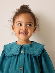 Teal Blue Collar Detail Long Sleeve Cord Dress (3mths-8yrs) - Image 4 of 8