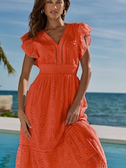 Lipsy Orange Petite Broderie Flutter Sleeve Midi Dress - Image 1 of 4