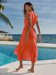 Lipsy Orange Petite Broderie Flutter Sleeve Midi Dress - Image 4 of 4