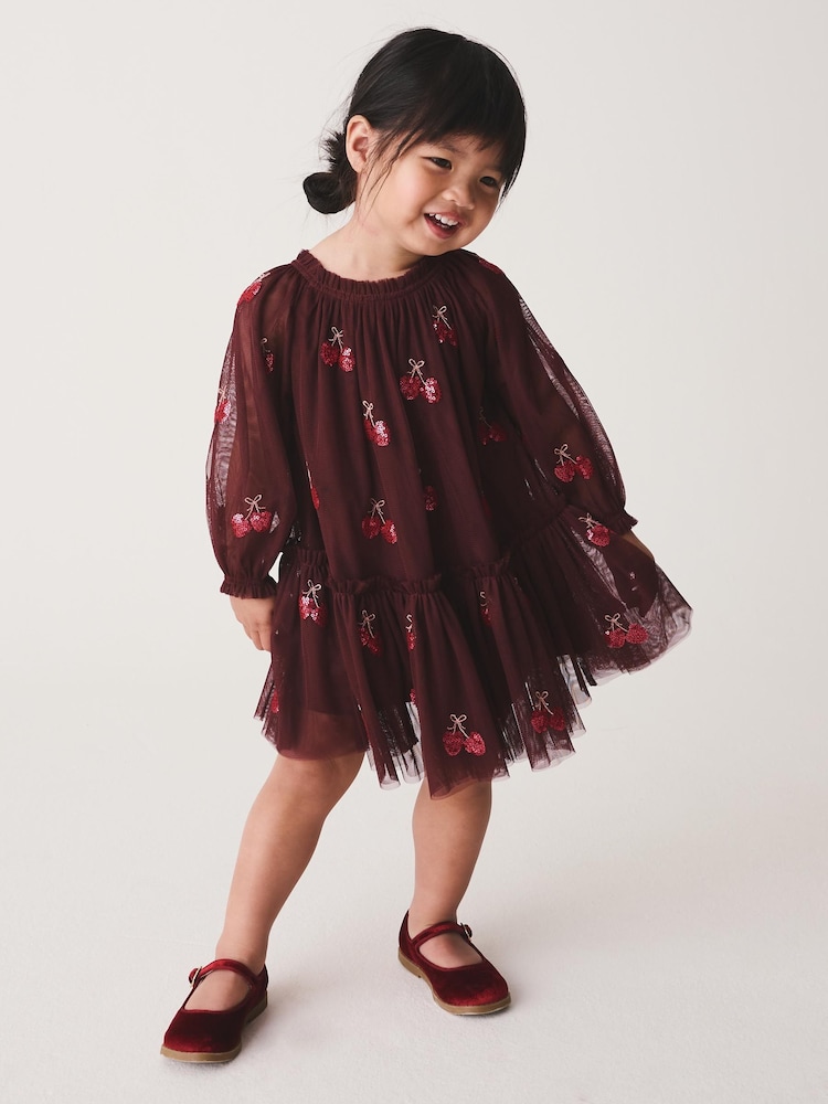 Бургундия қызылы - Cherry Sequin Mesh Occasion Dress (3mths-8yrs) - 6суретінің 1 суреті