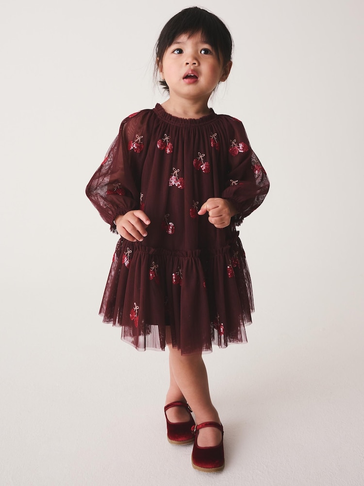 Бургундия қызылы - Cherry Sequin Mesh Occasion Dress (3mths-8yrs) - 6суретінің 2 суреті