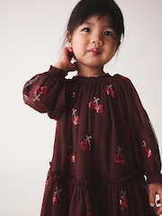 Бургундия қызылы - Cherry Sequin Mesh Occasion Dress (3mths-8yrs) - 6суретінің 3 суреті