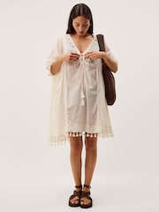 Monsoon White Astrid Tassel Embellished Mini Kaftan - Image 1 of 5