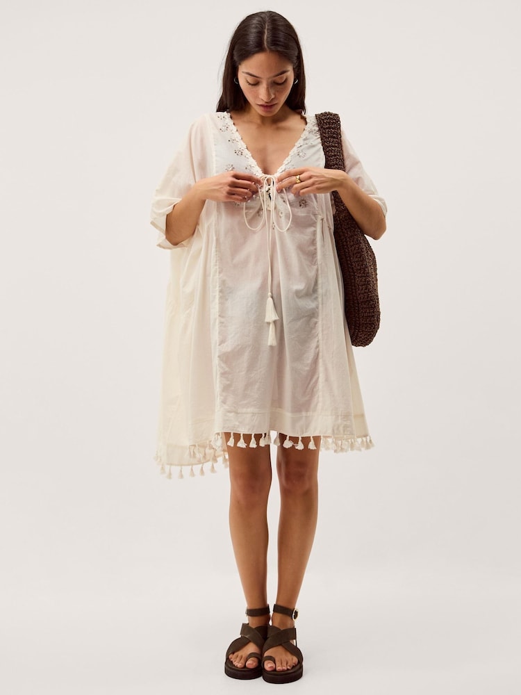 Monsoon White Astrid Tassel Embellished Mini Kaftan - Image 1 of 5 Monsoon White Astrid Tassel Embellished Mini Kaftan - Image 1 of 5