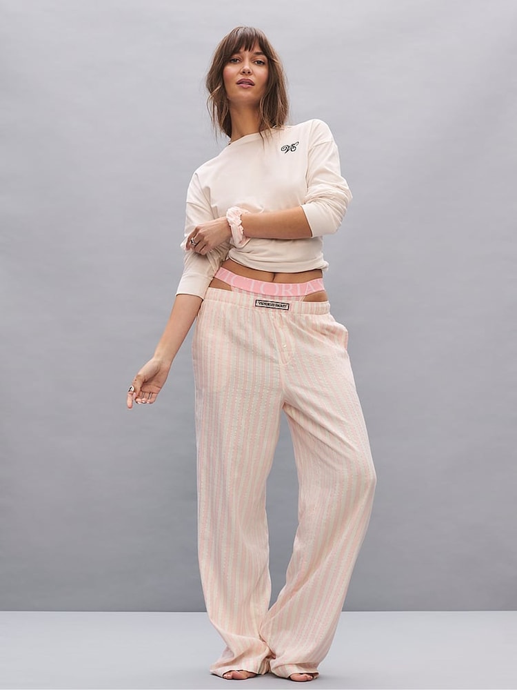 Victoria's Secret White & Pink Iconic Stripe Long Sleeve Flannel Pyjamas  Scrunchie Set - Image 1 of 3
