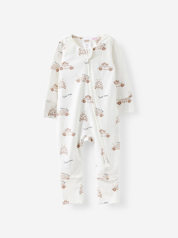 Cotton On Vanilla/Beep Beep Love Bug Long Sleeve Zip Sleepsuit - Image 1 of 3