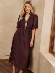 Love & Roses Chocolate Brown Embellished Trim Pleated Skirt Midi Dress - Image 1 of 5