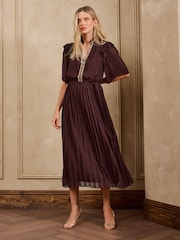 Love & Roses Chocolate Brown Embellished Trim Pleated Skirt Midi Dress - Image 3 of 5