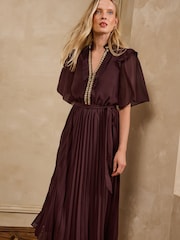 Love & Roses Chocolate Brown Embellished Trim Pleated Skirt Midi Dress - Image 5 of 5