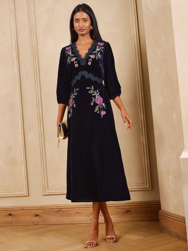 Love & Roses Navy Floral Embroidered Lace Detail Velvet Midi Dress - Image 1 of 5