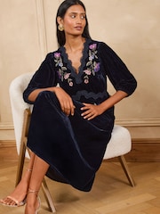 Love & Roses Navy Floral Embroidered Lace Detail Velvet Midi Dress - Image 4 of 5