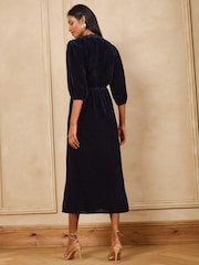 Love & Roses Navy Floral Embroidered Lace Detail Velvet Midi Dress - Image 5 of 5