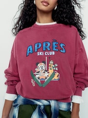 Burgundy Red Washed Mickey Mouse License Ski Graphic Sweatshirt - Image 5 of 8
