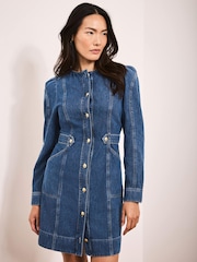 Mint Velvet Blue Denim Puff Sleeve Mini Dress - Image 1 of 7