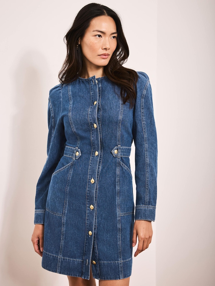 Mint Velvet Blue Denim Puff Sleeve Mini Dress - Image 1 of 7