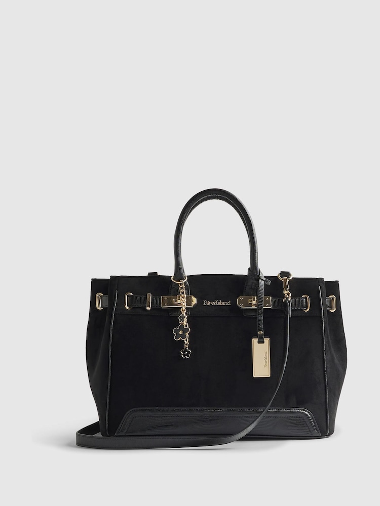 River Island Black Faux Suede Lock Front Tote Bag - Image 1 of 6 River Island Black Faux Suede Lock Front Tote Bag - Image 1 of 6