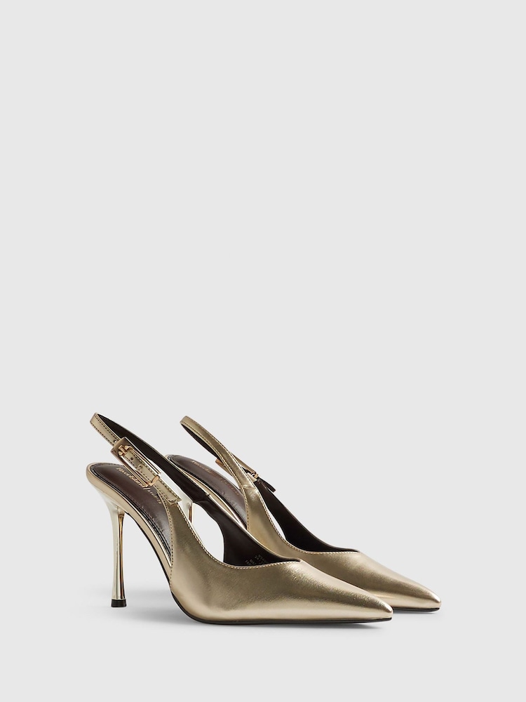 River Island Gold Pointed Metallic Sling Back Courts - Image 2 of 6