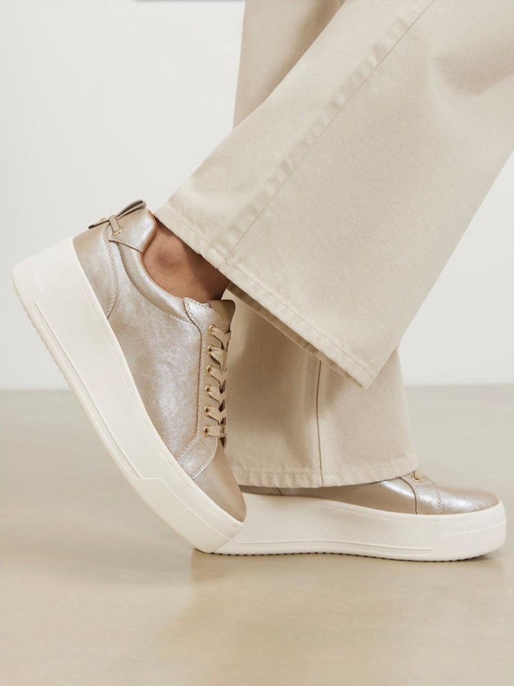 River Island Gold Lace-Up Metallic Flatform Trainers - Image 1 of 6