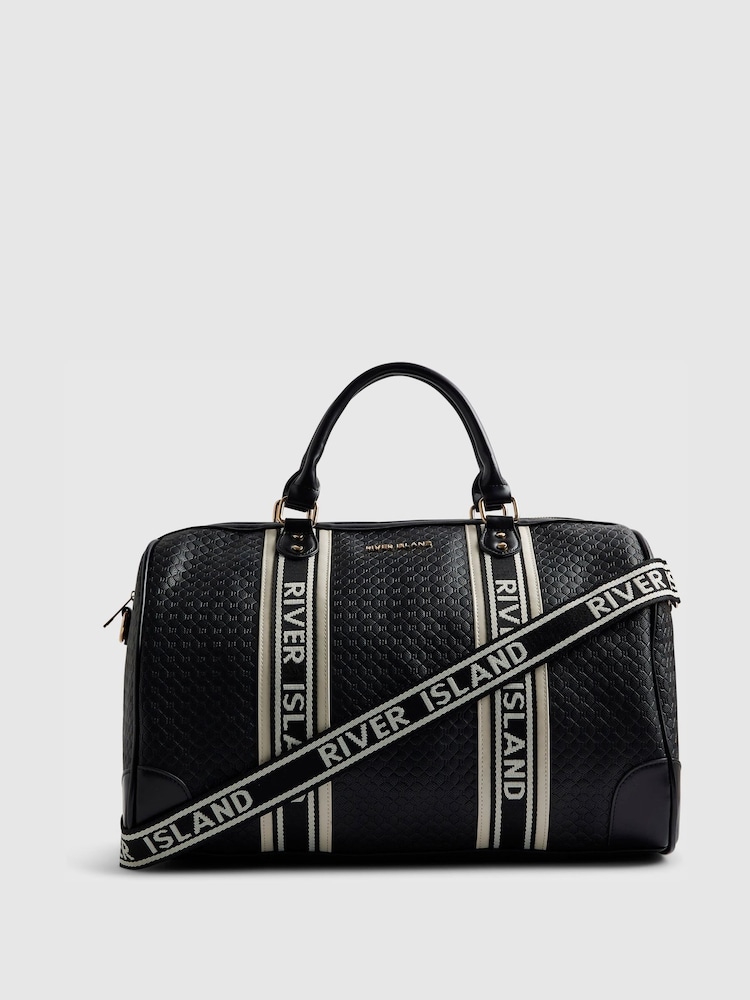 River Island Black Webbing Embossed Barrell Bag - Image 1 of 6 River Island Black Webbing Embossed Barrell Bag - Image 1 of 6